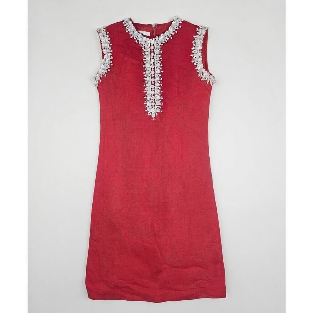 Vintage 60s Bonnie Original Hong Kong 10 Red Sheath Dress Beaded Preppy